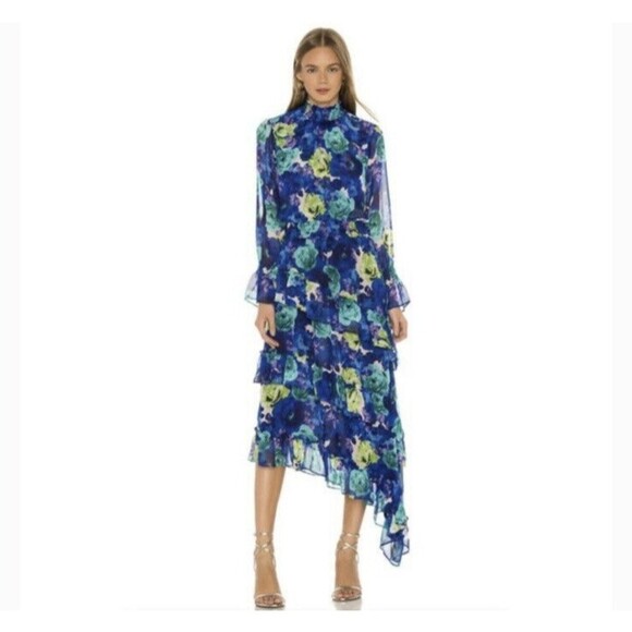 MISA Los Angeles Rania Chiffon Smock Neck Asymmetrical Midi Dress Blue Floral M - Picture 3 of 12